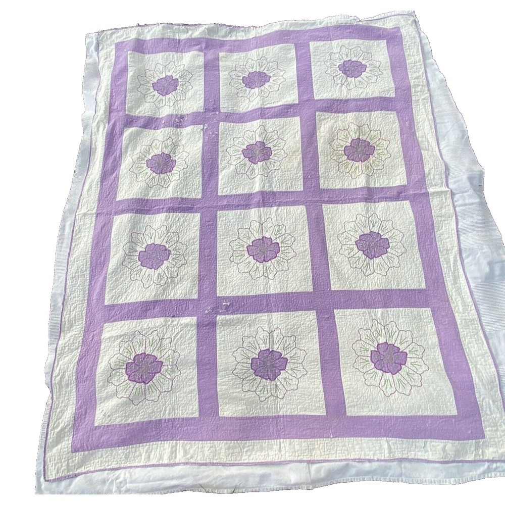 1927 Vintage Quilt Lilac Purple Embroidered Flower Hand Stitched 69" x 85"